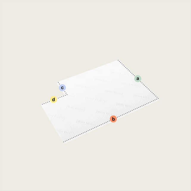 Ein weißes, rechteckiges Blatt mit einem gepunkteten Rand, dessen Ecken durch grüne (oben rechts), orangefarbene (unten rechts), gelbe (unten links) und blaue (oben links) Kreise markiert sind - perfekt für die Planung Ihres Toppers nach Maß mit einem Eckausschnitt (Variante 1).