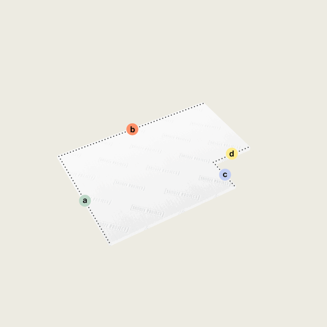 Ein Rechteck, das den Topper nach Maß mit einem Eckausschnitt (Variante 3) darstellt, liegt auf einem hellen Hintergrund mit gepunkteten Umrissen. Seine Ecken - grün a, orange b, blau c und gelb d - weisen einen schwachen Text und subtile Schattierungen auf.