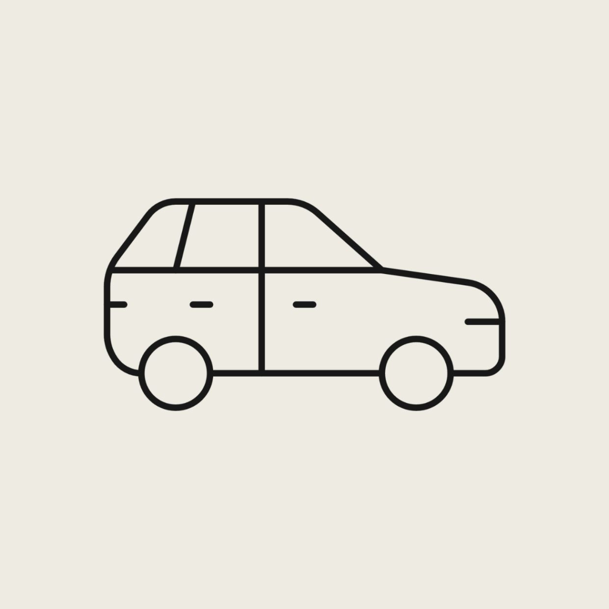 Einfache schwarze Strichzeichnung eines Autos mit zwei sichtbaren Rädern, zwei Türen und Fenstern auf einem einfachen hellen Hintergrund.