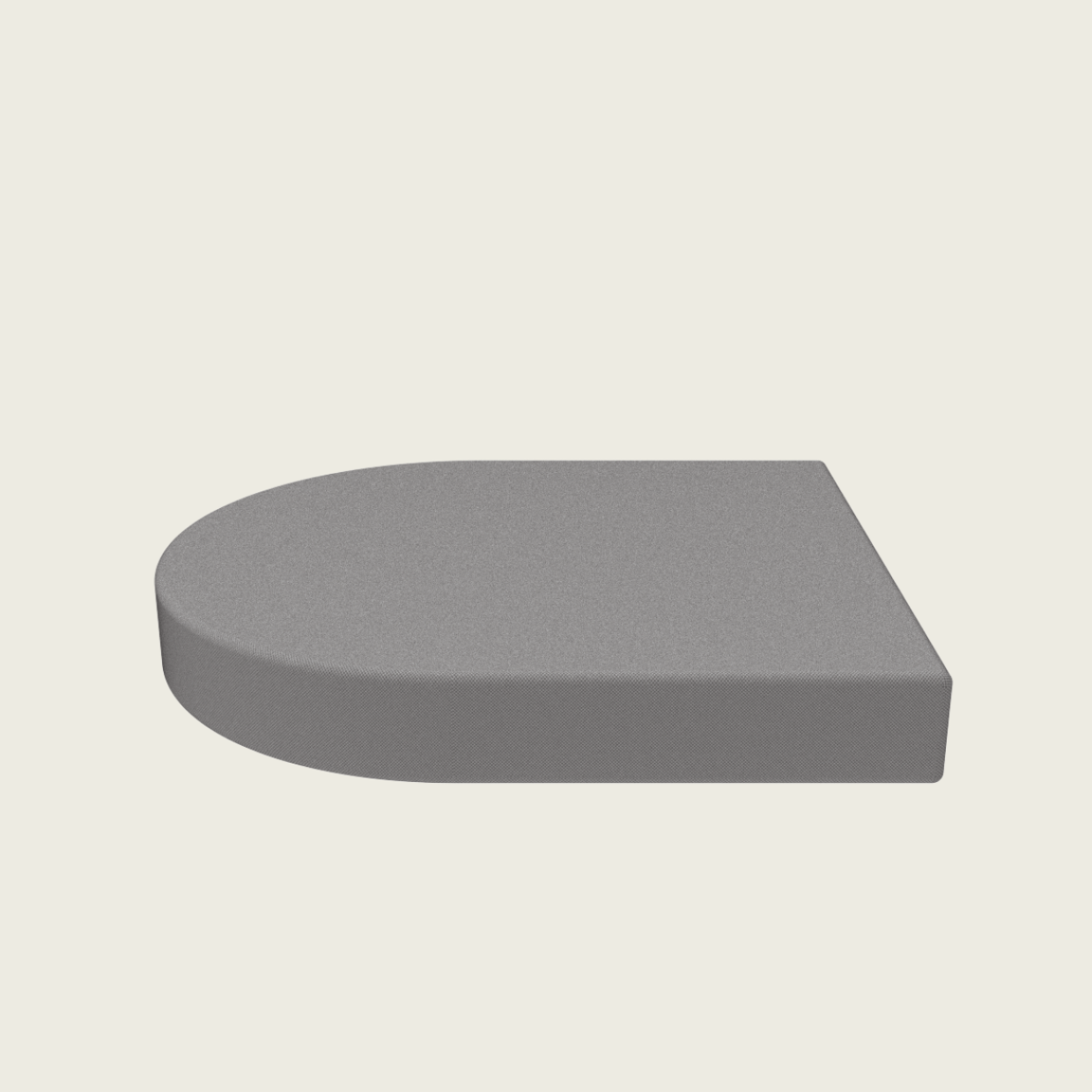 Ein graues, abgerundetes, rechteckiges Objekt mit einer flachen Rückseite und einer gewölbten Vorderseite, das an eine Tafel oder eine minimalistische Steinplatte erinnert, ist vor einem gebrochen weißen Hintergrund abgebildet.