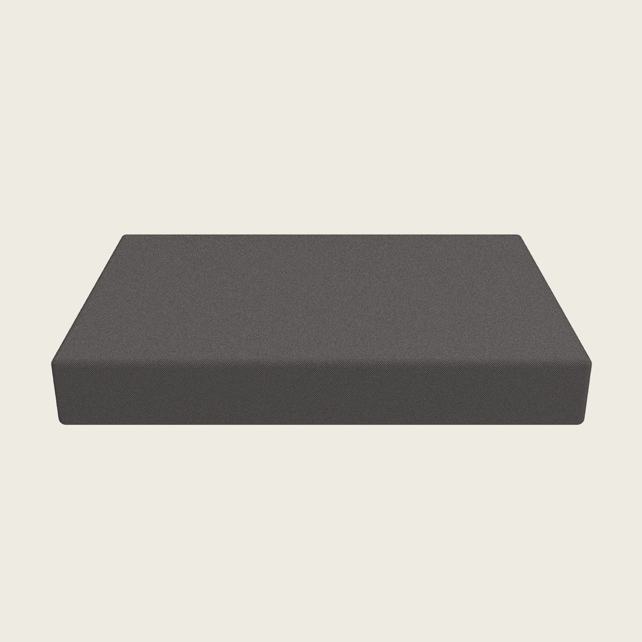 Eine rechteckige, dunkelgraue Memory-Foam-Matratze ist vor einem schlichten, cremefarbenen Hintergrund abgebildet.