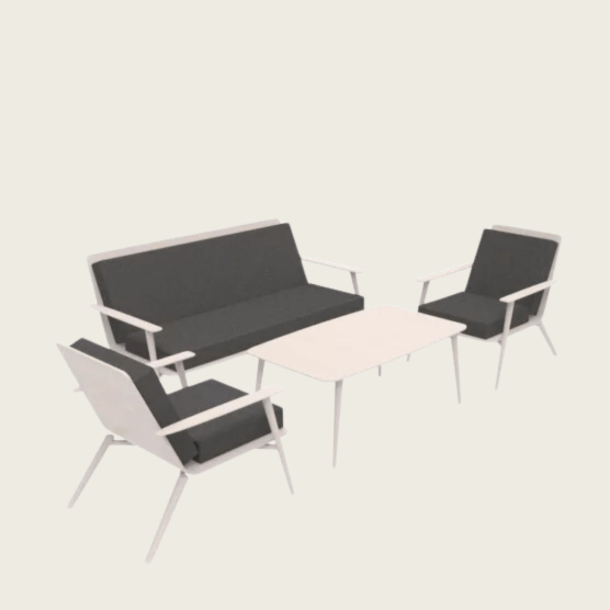Ein modernes Outdoor-Möbelset mit weißem Gestell, bestehend aus einem Sofa, zwei Sesseln mit dunklen Kissen und einem rechteckigen weißen Couchtisch, alles vor einem hellen Hintergrund.