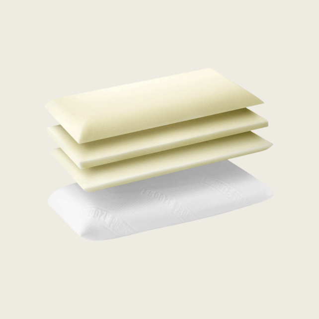 Drei gelbe Viscoschaumschichten sind über einem weißen Juna Viscoschaum Höhenverstellbares Kissen mit strukturiertem Bezug gestapelt, vor einem schlichten hellen Hintergrund, der die verstellbare innere Struktur des Kissens zur Geltung bringt.