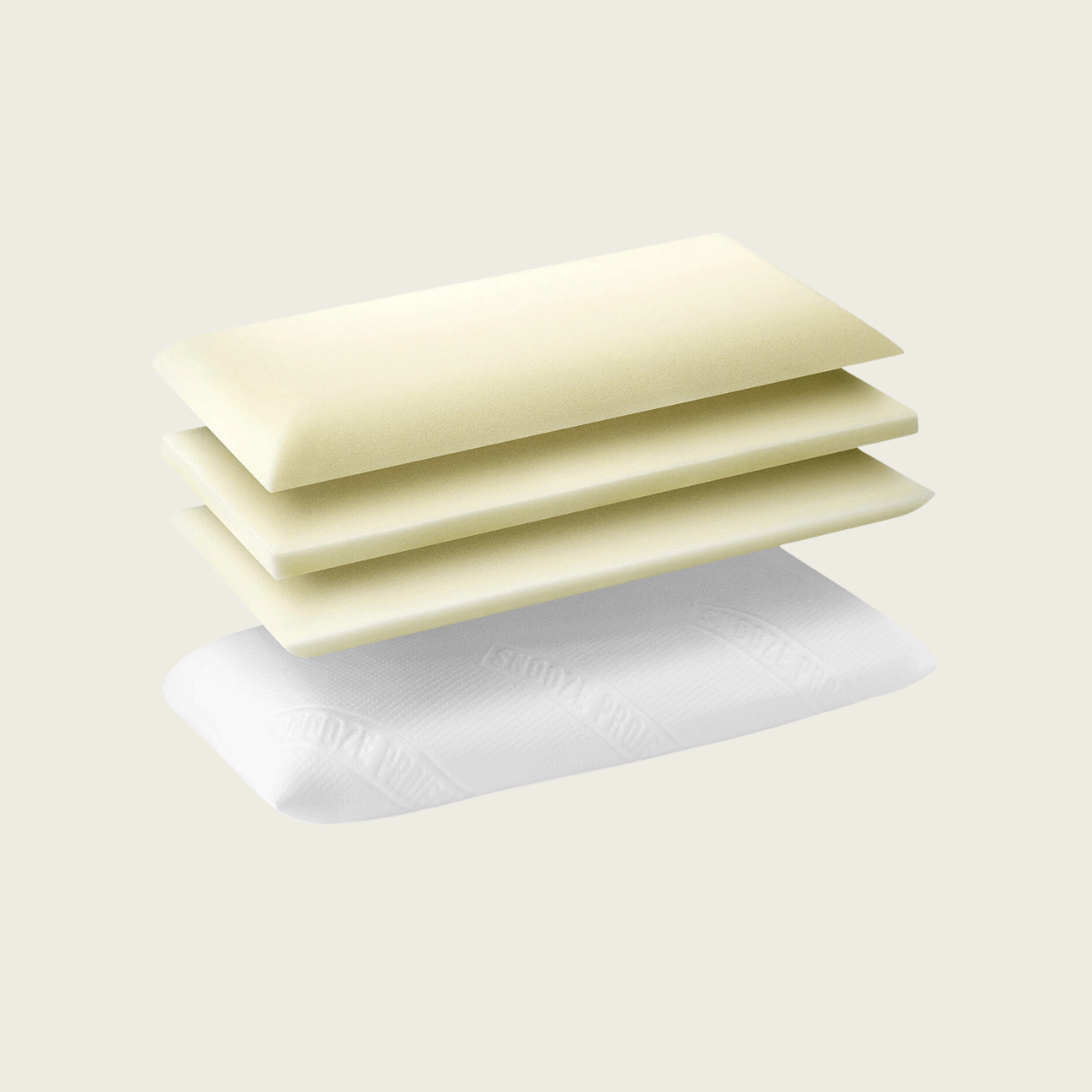 nackenstützkissen-höhenverstellbar Drei gelbe Viscoschaumschichten sind über einem weißen Juna Viscoschaum Höhenverstellbares Kissen mit strukturiertem Bezug gestapelt, vor einem schlichten hellen Hintergrund, der die verstellbare innere Struktur des Kissens zur Geltung bringt.