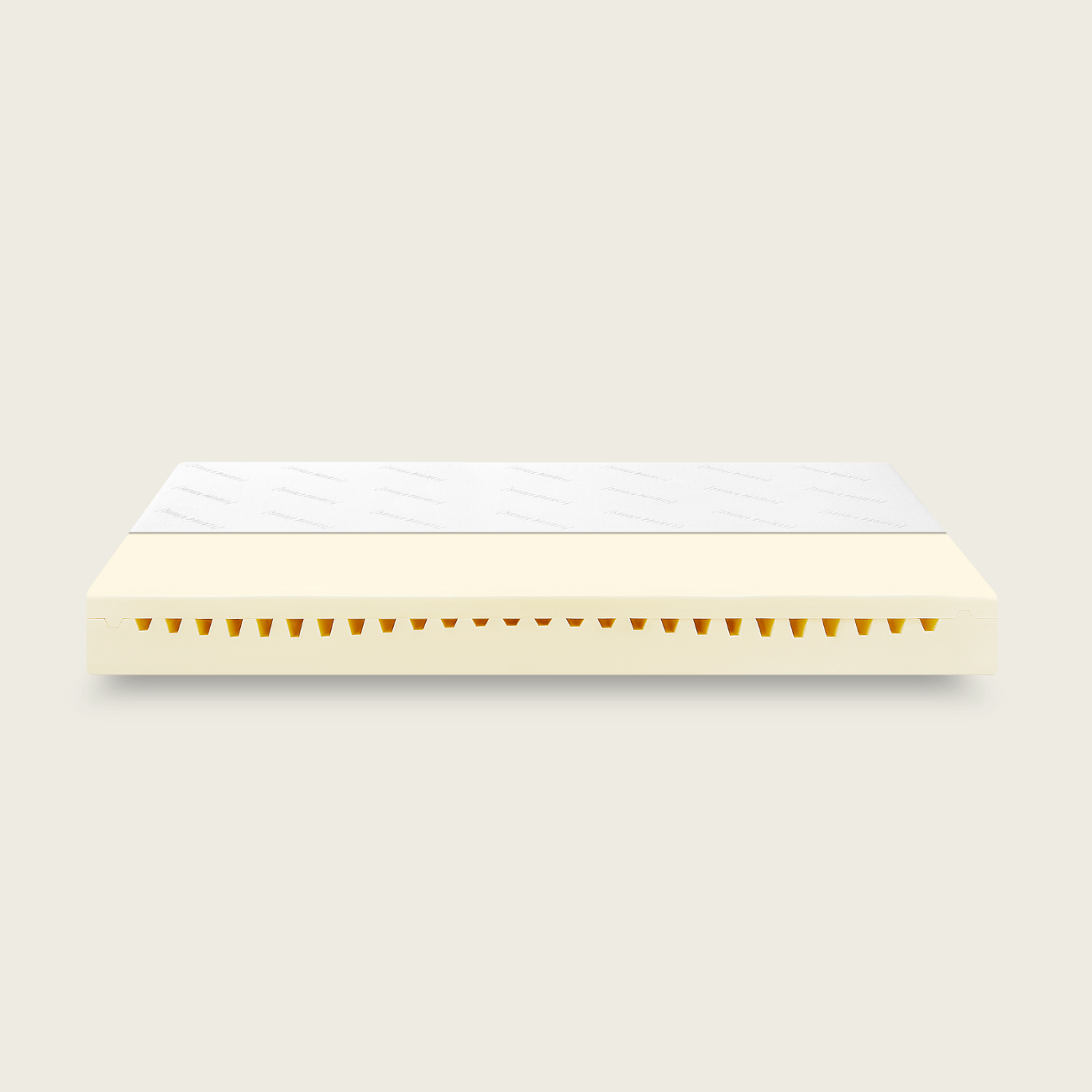 Der Querschnitt der Enno Premium Multi-Schaum Matratze zeigt eine weiße Deckschicht und eine gelbe Multi-Schaum-Schicht mit dreieckigen Aussparungen zur Belüftung und Unterstützung.