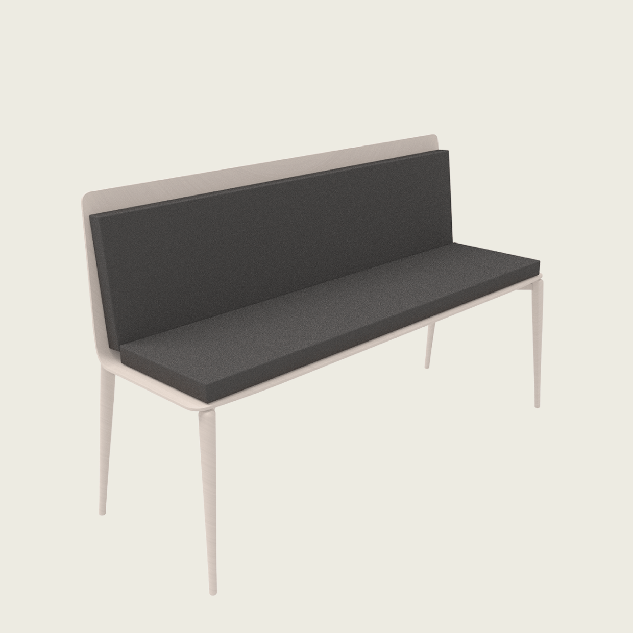 Eine moderne, minimalistische Bank mit hellem Holzrahmen und -beinen und einer einfachen, schwarz gepolsterten Sitzfläche und Rückenlehne.