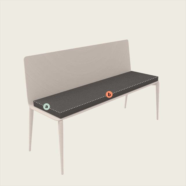 Eine helle Holzbank mit einem dunklen Sitzkissen. Das Kissen hat zwei beschriftete Punkte: "a" auf der linken Seite und "b" nahe der Mitte, die beide entlang einer gestrichelten Linie an der Vorderkante markiert sind.
