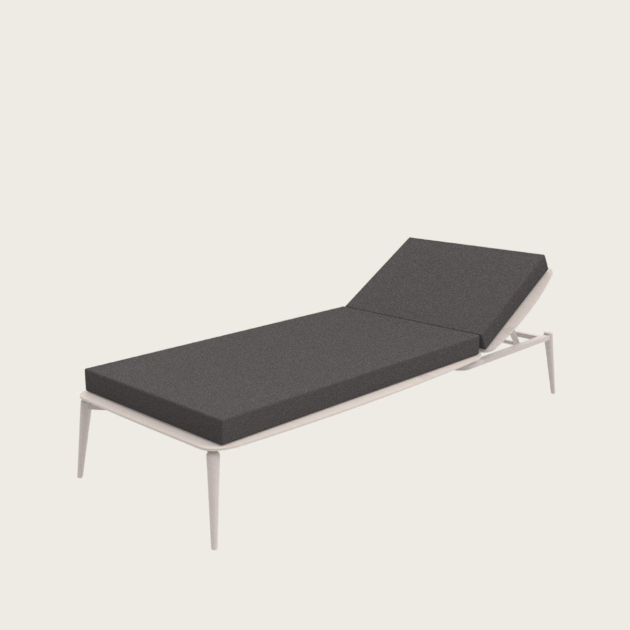 Ein moderner, minimalistischer Loungesessel für den Außenbereich mit weißem Gestell und dunkelgrauen Polstern. Die Rückenlehne ist leicht erhöht, so dass die Liegeposition verstellbar ist. Der Sessel steht vor einem schlichten, hellen Hintergrund.