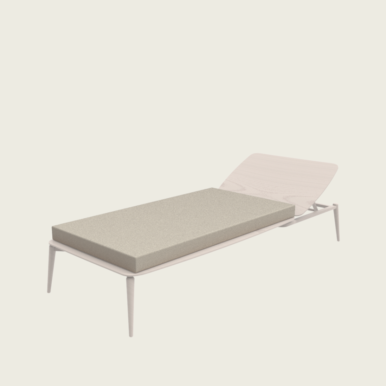Eine minimalistische, moderne Chaiselongue mit einem beigen Kissen und einer hellen Holzrückenlehne, die von schlanken, angewinkelten Beinen getragen wird. Das Design ist einfach und elegant, mit einer neutralen Farbpalette.