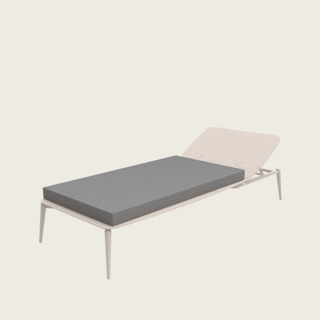Ein modernes, minimalistisches Einzelbett mit einem hellen Holzrahmen, abgewinkelten Beinen, einem verstellbaren Holzkopfteil und einer dunkelgrauen Matratze vor einem schlichten, cremefarbenen Hintergrund.