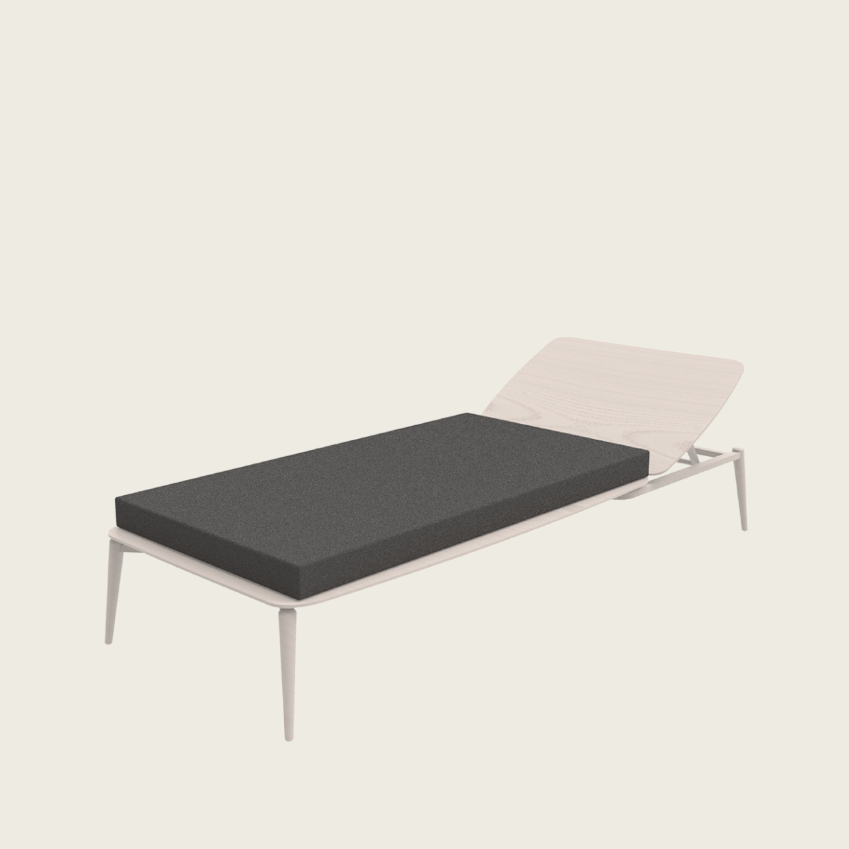 Ein minimalistisches Einzelbett mit hellem Holzrahmen und Kopfteil, das mit einer dunkelgrauen Matratze ausgestattet ist. Das Bett hat einfache, spitz zulaufende Beine und ein modernes, klares Design vor einem schlichten Hintergrund.