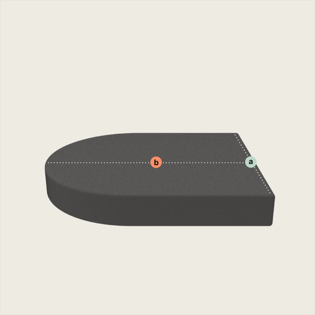 Eine 3D-Form mit einer flachen Basis und einem abgerundeten Ende, dargestellt in Dunkelgrau. Eine gepunktete Linie mit der Bezeichnung "a" an der flachen Kante und "b" in der Mitte verläuft in Längsrichtung von der flachen Seite zur Mitte des abgerundeten Endes.