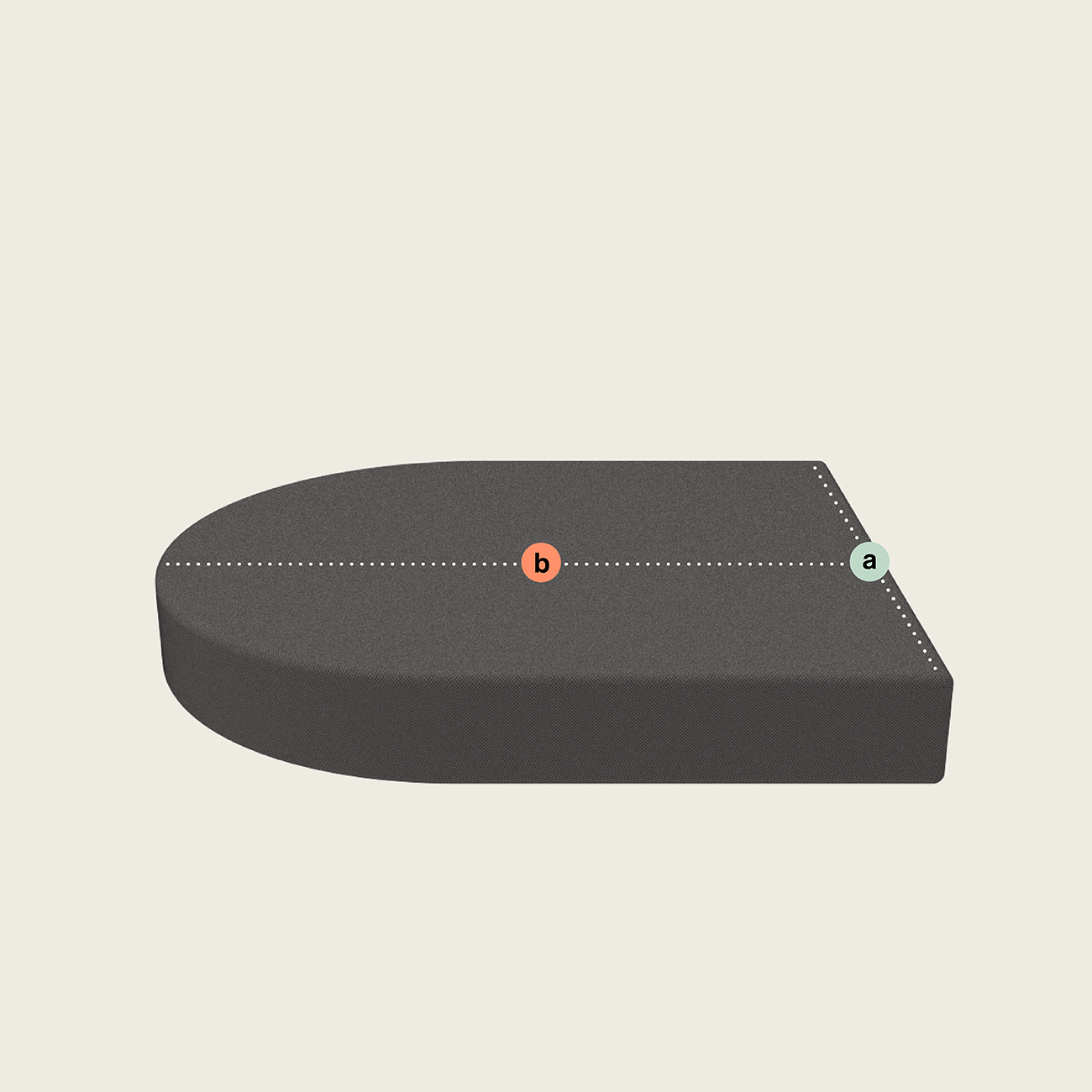 polster-nach-mass-halbrund Eine 3D-Form mit einer flachen Basis und einem abgerundeten Ende, dargestellt in Dunkelgrau. Eine gepunktete Linie mit der Bezeichnung "a" an der flachen Kante und "b" in der Mitte verläuft in Längsrichtung von der flachen Seite zur Mitte des abgerundeten Endes.