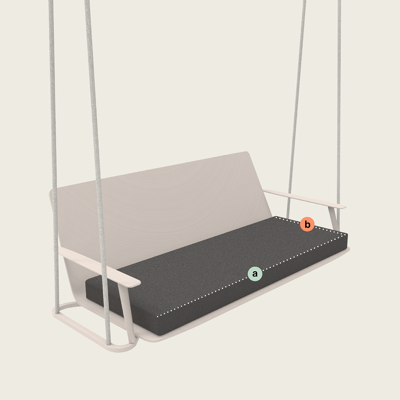 polster-schaukel-sitzkissen Eine helle Veranda-Schaukel mit einem dunklen Kissen. Die Punkte a und b sind auf dem Kissen markiert und durch eine gepunktete Linie verbunden, die die Länge der Sitzfläche angibt.