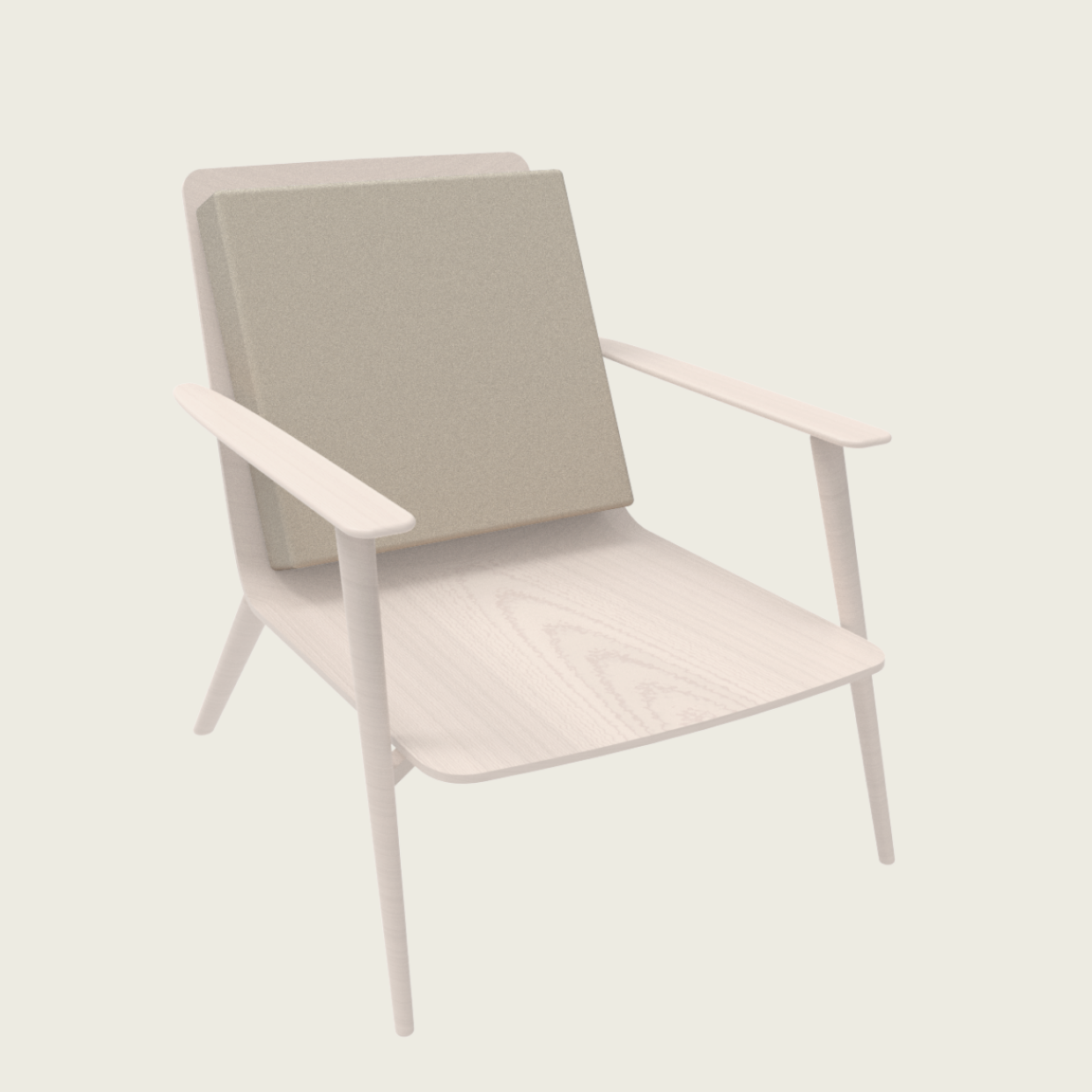 Ein minimalistischer Loungesessel aus Holz mit abgewinkelten Beinen, heller Holzoberfläche und einem einzigen quadratischen, beigen Kissen auf der Rückenlehne. Das Design ist modern und einfach und steht vor einem schlichten, hellen Hintergrund.
