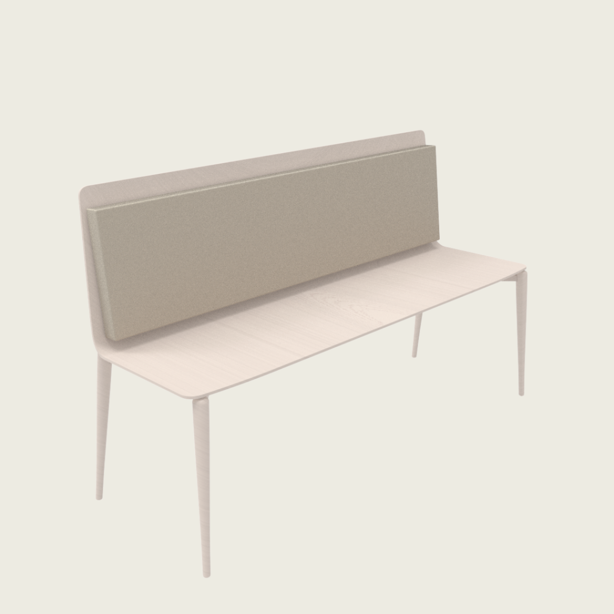 Eine minimalistische, moderne Holzbank mit schlanken Beinen und einer großen, rechteckigen, gepolsterten Rückenlehne in einem neutralen Beigeton vor einem cremefarbenen Hintergrund.