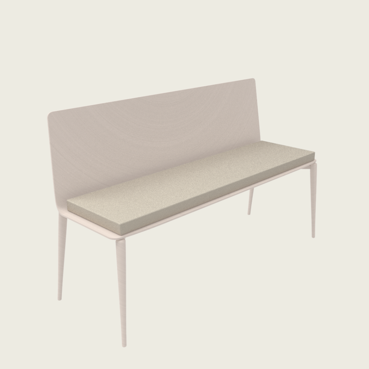 Eine minimalistische Holzbank mit heller Rückenlehne und hellen Beinen und einer gepolsterten Sitzfläche in Beige. Das Design ist einfach und modern, mit klaren Linien und einer neutralen Farbpalette.