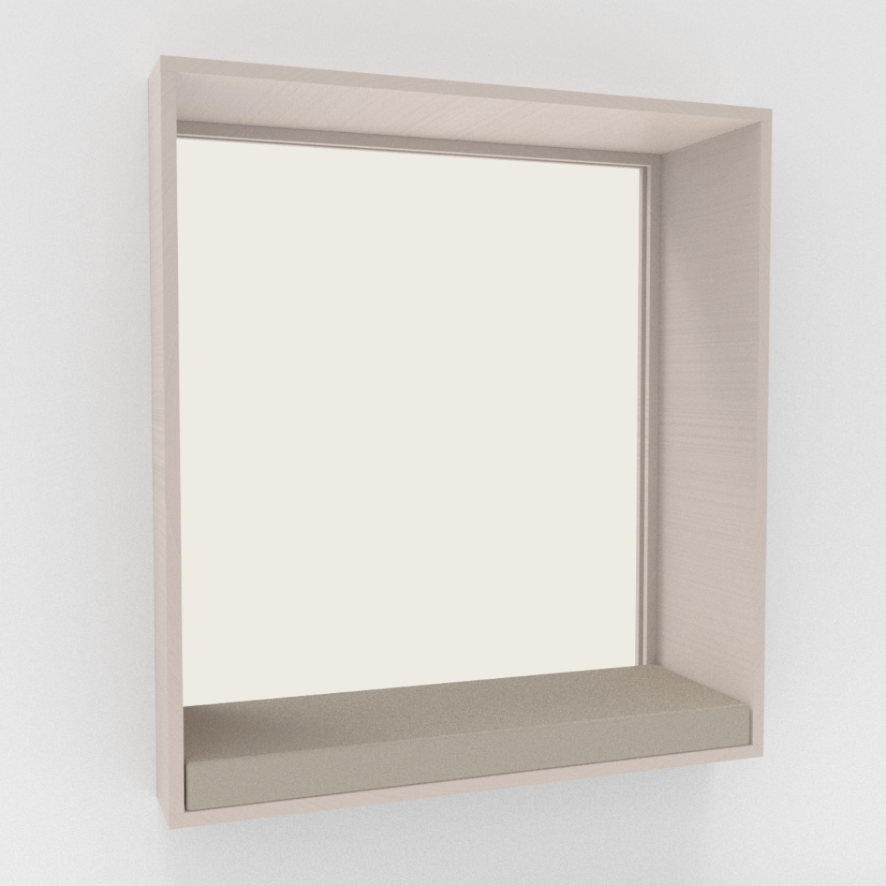 Ein schlichtes, quadratisches Holzregal mit offener Vorderseite und beigem Sockel, montiert auf weißem Hintergrund. Das Regal ist leer und minimalistisch im Design.