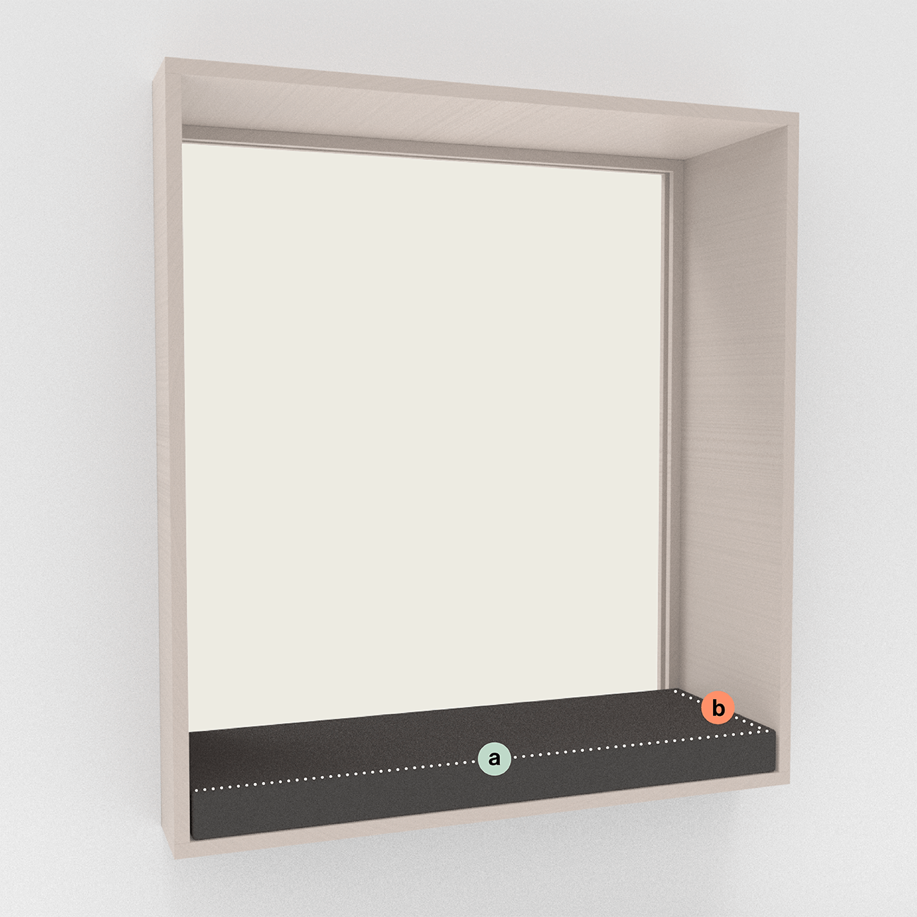polster-sitzfenster Ein Holzkistenrahmen mit offener Vorderseite zeigt einen schwarzen Boden. Die Punkte a und b sind auf der Grundfläche mit einer gepunkteten Verbindungslinie markiert; a liegt in der Mitte, b in der Nähe des rechten Rands.