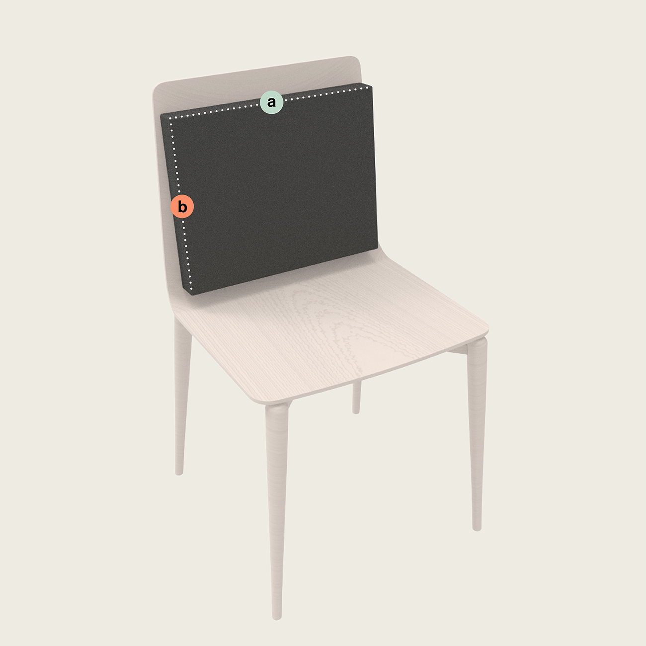 polster-stuhl-rückenkissen Ein heller Holzstuhl mit einer schwarzen rechteckigen Platte, die an der Rückenlehne befestigt ist. Das Paneel ist in der oberen rechten Ecke mit a und auf der linken Seite mit b beschriftet. Weiße gepunktete Linien umranden den oberen und rechten Rand der Platte.