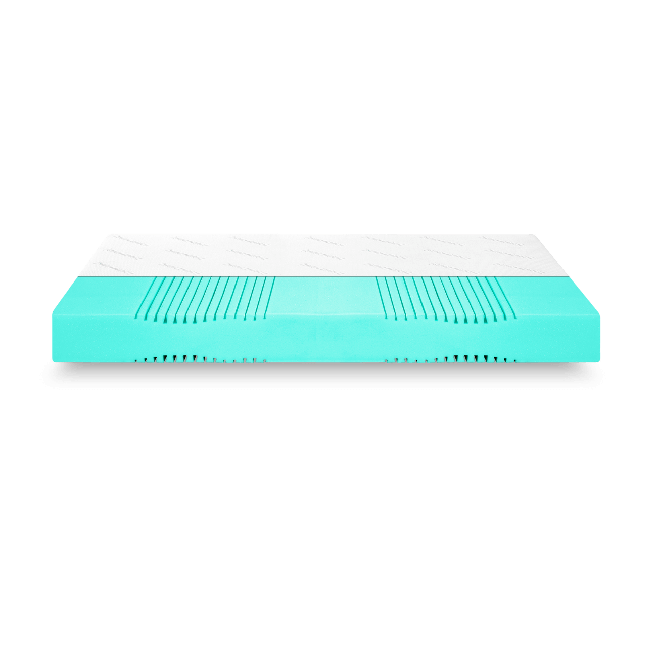 Eine rechteckige Matratze mit weißer Oberseite und türkisfarbenen Seiten, dargestellt aus einem niedrigen, nach vorne gerichteten Winkel. Die Matratze weist an den Seiten horizontale, schlitzartige Rillen auf.