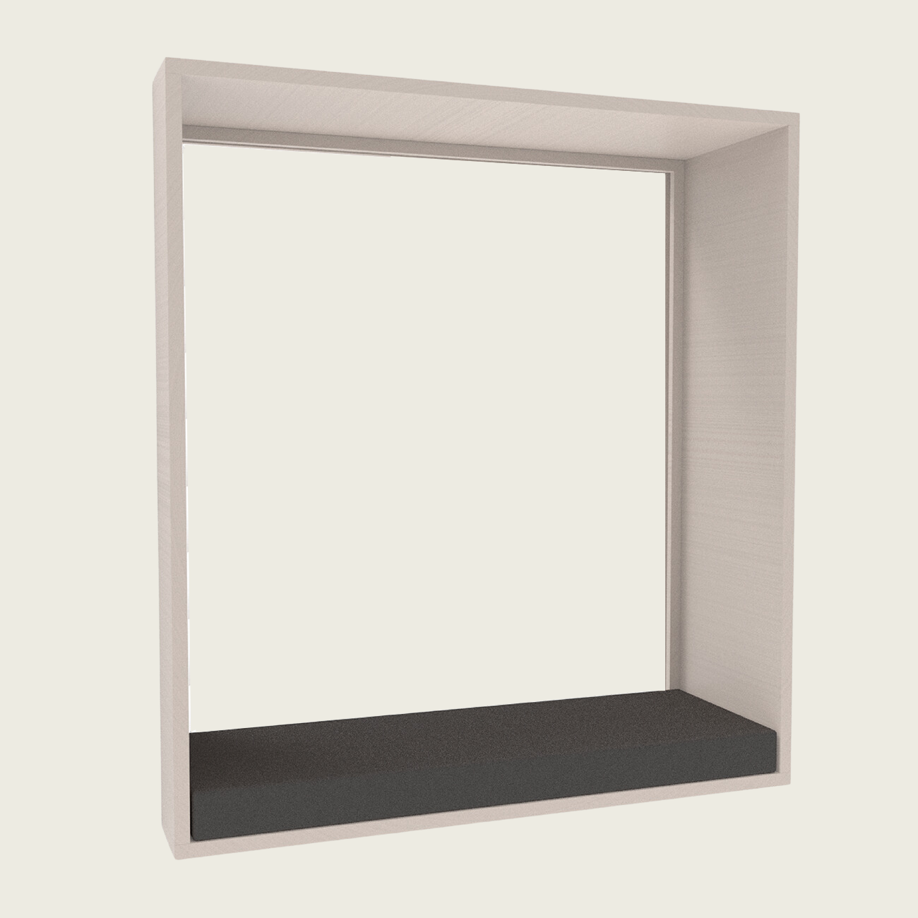 Ein einfacher, quadratischer, heller Holzrahmen mit offener Vorderseite und einem flachen, dunklen Kissen oder Podest an der Basis vor einem schlichten Hintergrund.
