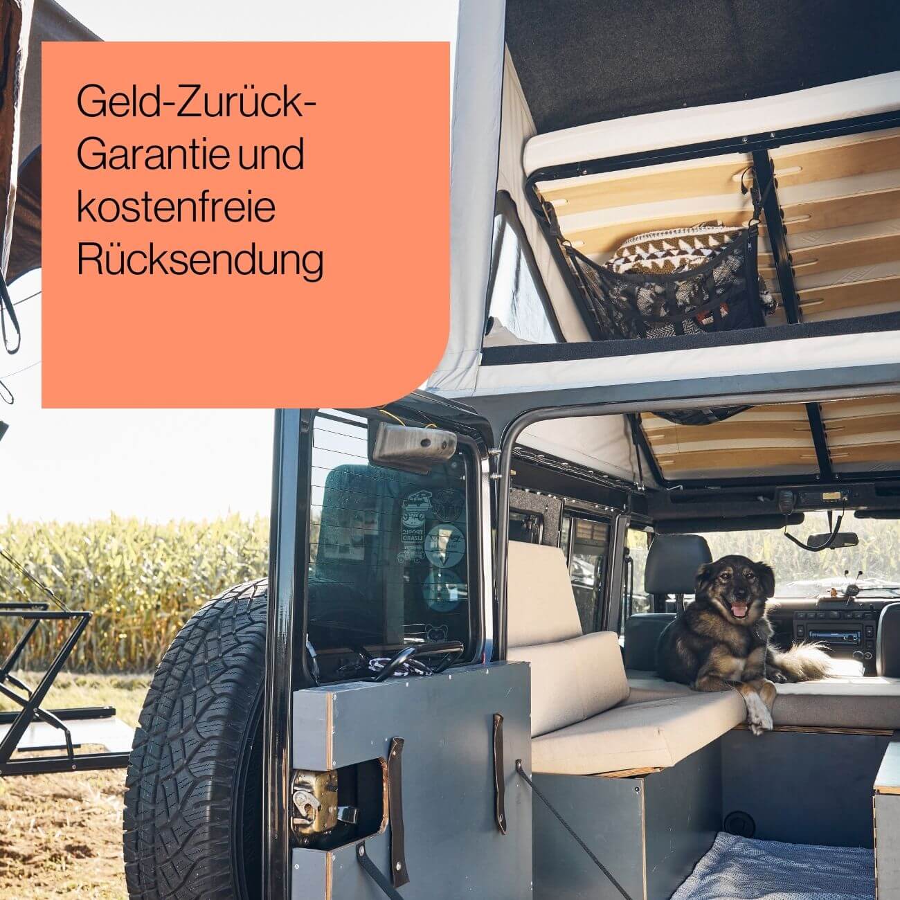 17 Ein Hund liegt auf dem Sitz in einem Wohnmobil mit offener Hintertür. Darüber befindet sich ein Schlafbereich mit Dachboden. Draußen ist ein Maisfeld zu sehen. In einem deutschen Textfeld steht: Geld-Zurück-Garantie und kostenfreie Rücksendung.