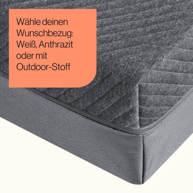 Nahaufnahme einer Matratze mit einem grauen Bezug; oben links steht in einem orangefarbenen Kasten: 