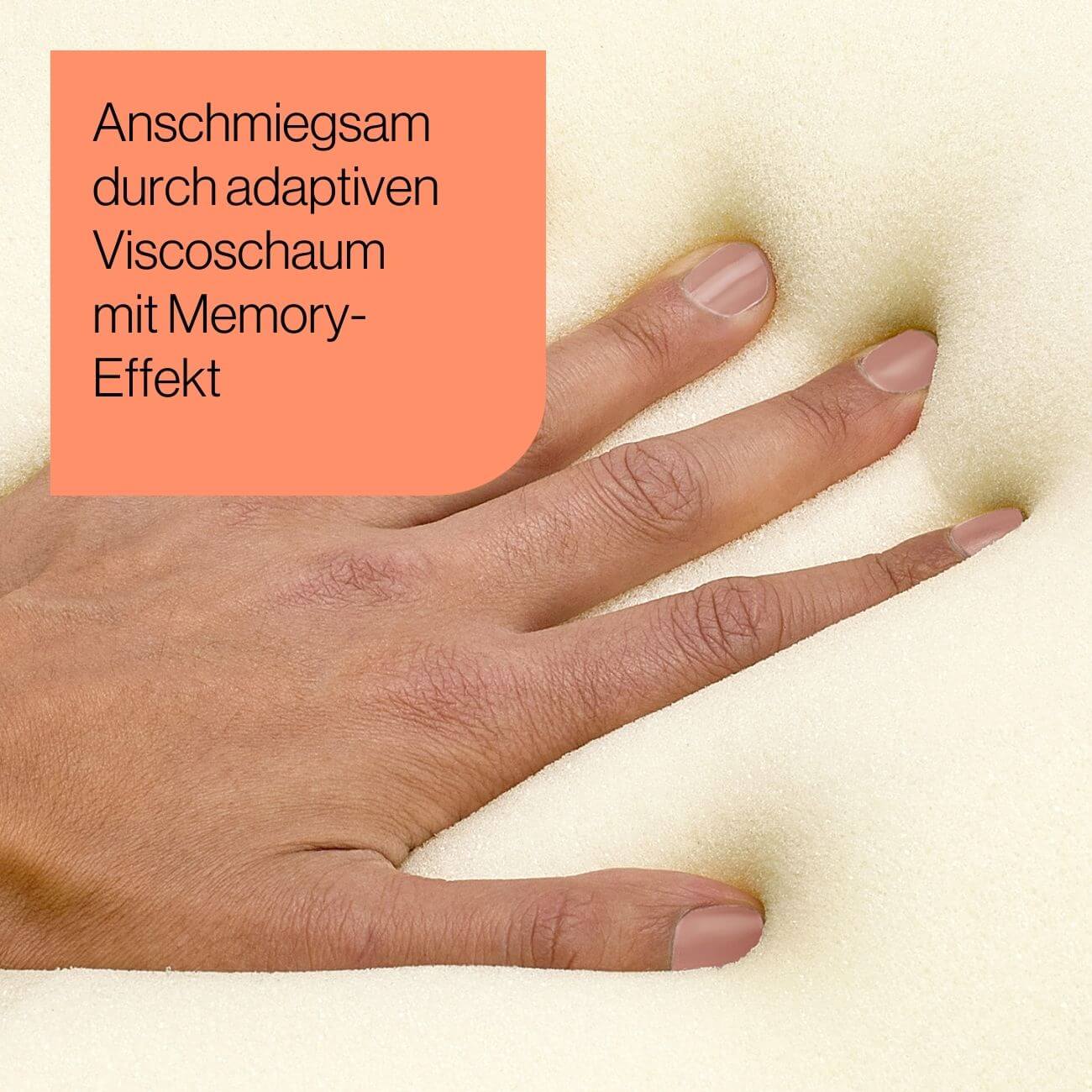 26 Eine Hand drückt in den weichen, hellen Memory-Schaum und hinterlässt sichtbare Abdrücke. In einem orangefarbenen Textfeld in der Ecke steht: Anschmiegsam durch adaptiven Viscoschaum mit Memory-Effekt.