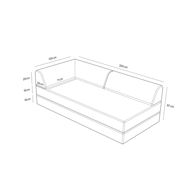 Strichzeichnung des Levi Modulares 2-Sitzer Sofa mit Schlaffunktion 02 mit beschrifteten Maßen: 200 cm lang, 100 cm breit, 67 cm hoch. Zusätzliche Maße zeigen Arm- und Rückenlehnen-ideal als modulares Schlafsofa.