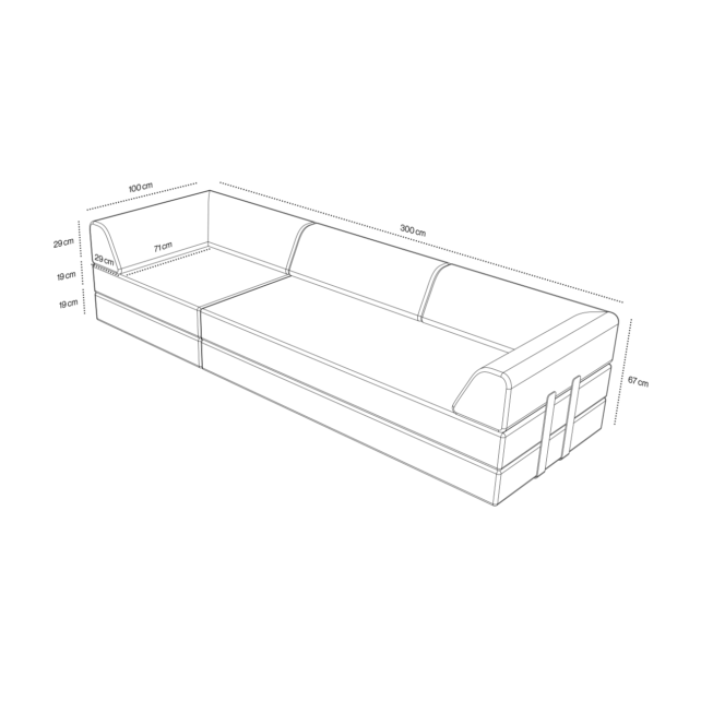 Strichzeichnung des Levi Modulares 3-Sitzer Sofa mit Schlaffunktion 04: 300 cm breit, 100 cm tief, 67 cm hoch; Sitztiefe 71 cm, Sitzhöhe 19 cm, Seiten-/Rückenhöhen 29/19 cm. Inklusive Schlaffunktion.