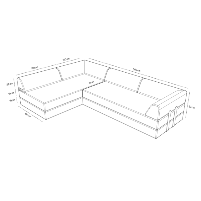 Strichzeichnung von Levi Modulares 4-Sitzer Ecksofa mit Schlaffunktion 03 in L-Form mit beschrifteten Maßen: 100 cm, 200 cm, 71 cm, 190 cm, 42 cm, 67 cm, und 92 cm für Sitzhöhe, Breite, Tiefe und Gesamtlänge; Schlaffunktion nicht abgebildet.