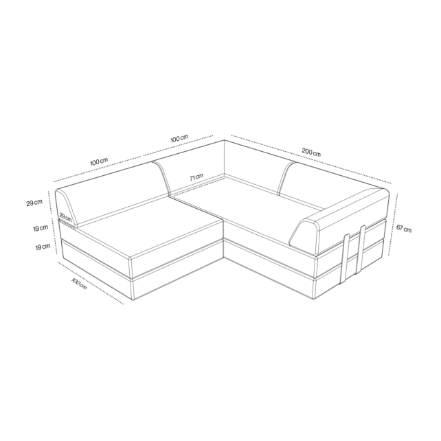 Strichzeichnung des Levi Modulares 3-Sitzer Ecksofa mit Schlaffunktion 01: L-Form, 240 x 140 cm (gesamt), Höhe 87 cm, Sitztiefe 71 cm, verschiedene Rücken-/Armlehnenhöhen. Inklusive Schlaffunktion; alle Maße in Zentimetern.