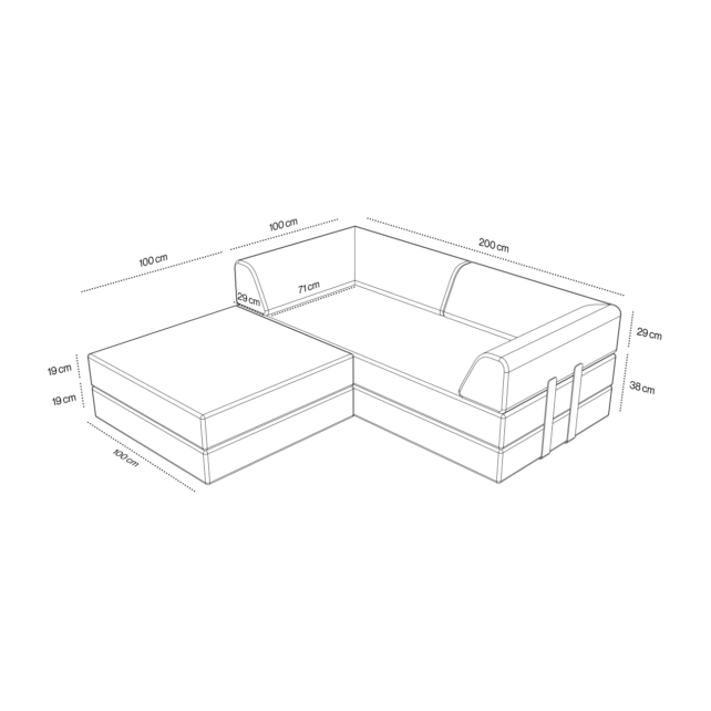 Strichzeichnung des Levi Modulares 3-Sitzer Ecksofa mit Schlaffunktion 02 mit folgenden Maßen: Hauptsitz 200 x 100 cm, Ottomane 100 x 49 cm, Armlehnen 28 cm hoch, Sitzhöhe 38 cm und Sitztiefe 77 cm - alle Maße sind beschriftet.
