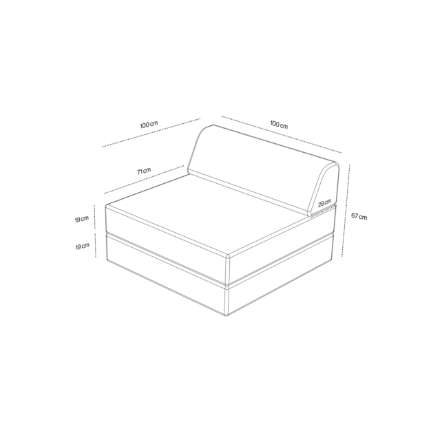 Linienskizze des Levi Modularen Sessels mit Schlaffunktion 01 mit Maßen: 100 cm Breite, 100 cm Tiefe, 67 cm Höhe am Kopfteil, 19 cm Matratzenstärke, 19 cm Sockelhöhe und 71 cm Liegefläche. Ideal für Schlaffunktion.