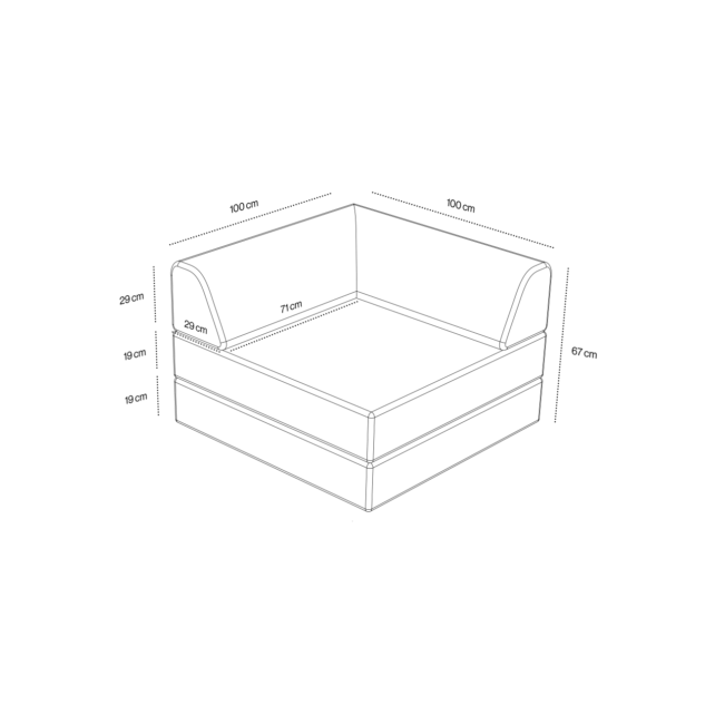 Strichzeichnung des Levi Modularer Sessel mit Schlaffunktion 02: quadratische kastenförmige Sitzfläche, 100x100x67 cm, Rückenlehne 29 cm, Armlehnen 26 cm, Sitzinnenfläche 71 cm breit, Sitzhöhe 19 cm. Optional mit Schlaffunktion.