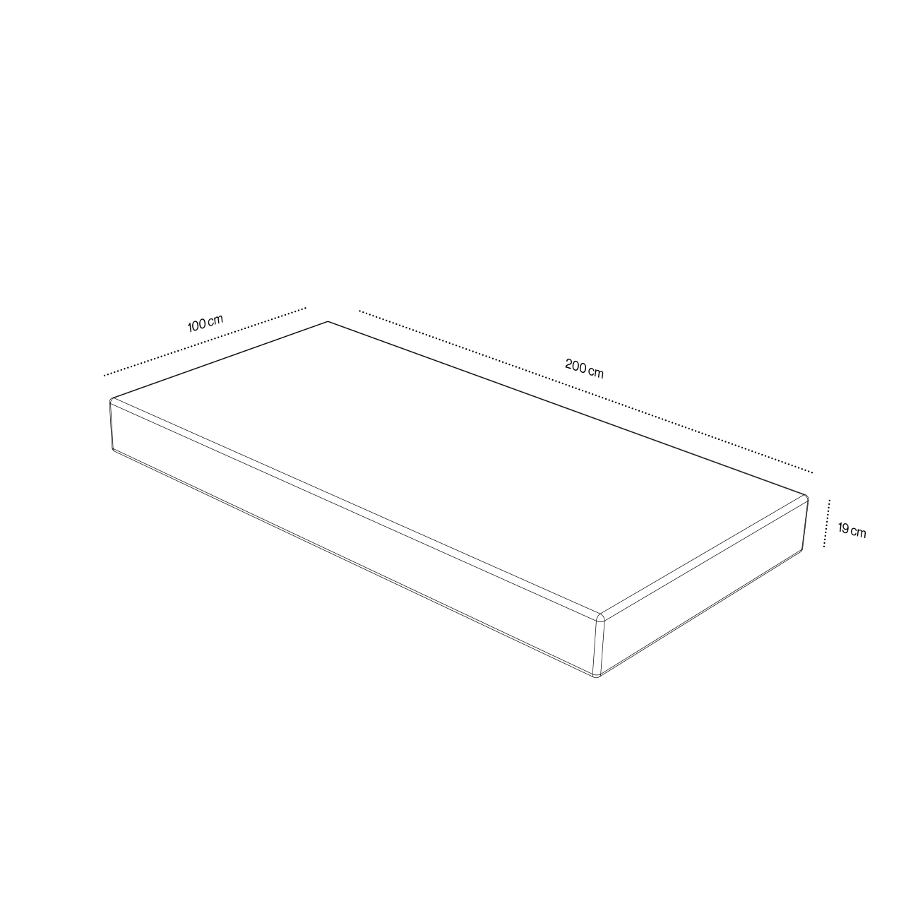Levi-Matratze_2 Strichzeichnung der Levi Polstermatratze in einem rechteckigen Kasten mit beschrifteten Abmessungen: 100 cm Breite, 200 cm Länge und 19 cm Höhe. Die gestrichelten Linien zeigen die Maße entlang jeder Seite.