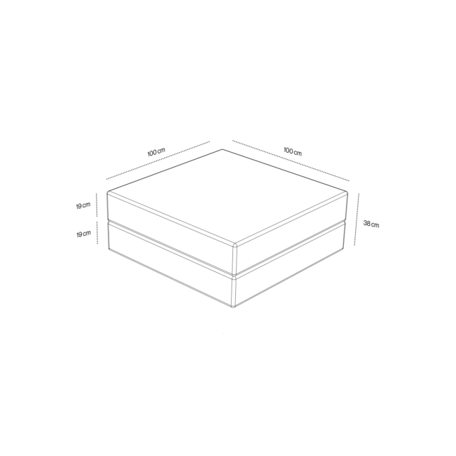 Eine Strichzeichnung des Levi Modulares Sitzelement mit Schlaffunktion: ein rechteckiger Kasten (100 x 100 x 38 cm), der horizontal in zwei gleich große Abschnitte von 19 cm unterteilt ist, was seine Schlaffunktion veranschaulicht.