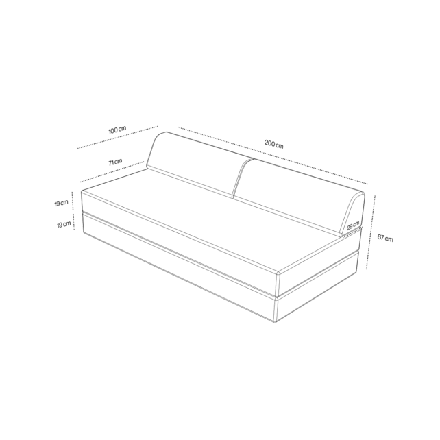 Strichzeichnung des Levi Modulares 2-Sitzer Sofa mit Schlaffunktion 03 mit beschrifteten Maßen: 200 cm Breite, 100 cm Tiefe, 67 cm Höhe; Sitztiefe 77 cm; Rückenlehne 30 cm hoch; Sitzhöhe 19 cm; Stauraumhöhe 18 cm.