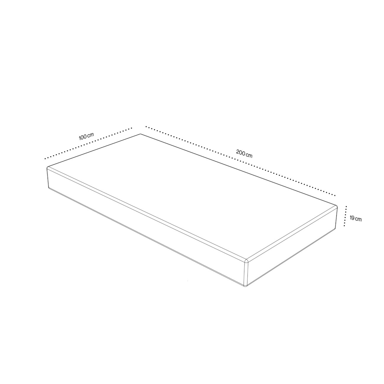 Ein rechteckiger Kasten mit den folgenden Maßen: 200 cm lang, 100 cm breit und 19 cm hoch. Die Maße sind mit gestrichelten Linien dargestellt, die von jeder Seite ausgehen.