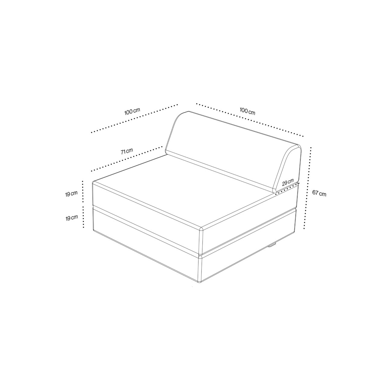 Strichzeichnung eines Sofas mit folgenden Maßen: Breite 100 cm, Tiefe 100 cm, Sitztiefe 71 cm, Höhe 67 cm, Sitzhöhe 39 cm und Rückenlehnenhöhe 29 cm.