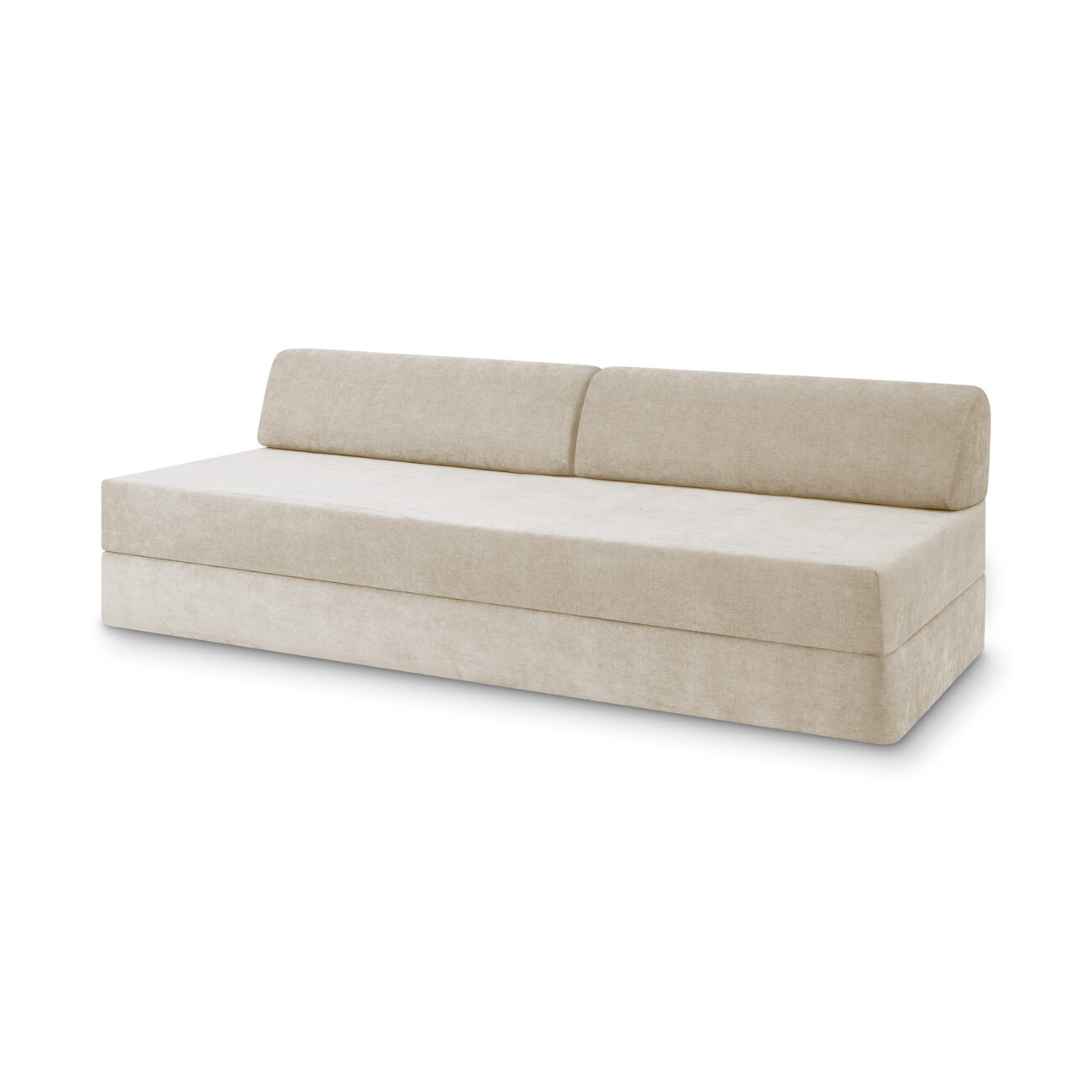 Ein modernes, minimalistisches, beigefarbenes 2-Sitzer-Sofa mit niedriger Rückenlehne und klaren Linien vor einem weißen Hintergrund.