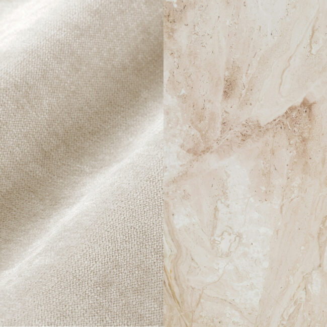Geteiltes Bild: Die linke Seite zeigt einen strukturierten beigen Stoff, der den Komfort eines Levi Modularer Sessels andeutet, während die rechte Seite eine glatte, cremefarbene Marmoroberfläche mit natürlichen Äderungen und Mustern zeigt.