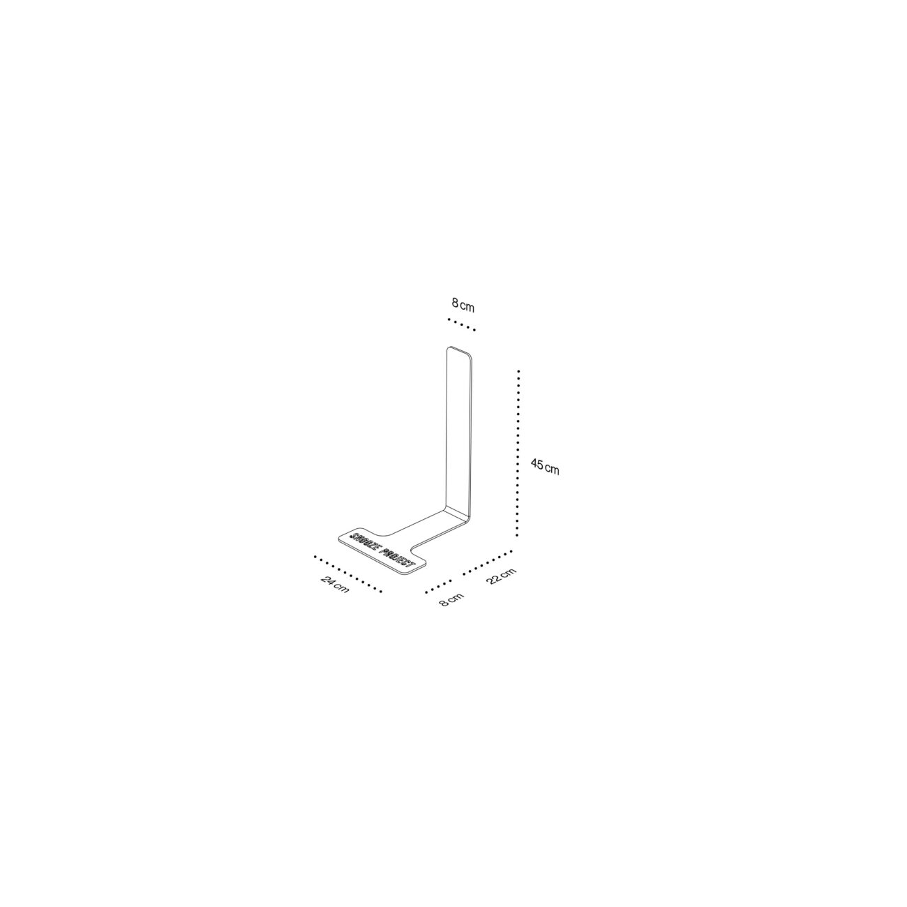 Minimalistische Strichzeichnung eines L-förmigen Objekts mit folgenden Abmessungen: 8 cm breit, 45 cm hoch, 22 cm tief und 29,5 cm Basislänge. Die Basis ist mit Smart Holder beschriftet. Weißer Hintergrund.