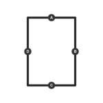 Ein einfaches Rechteck mit vier Ecken, die mit A (oben), B (rechts), C (unten) und D (links) bezeichnet sind. Schwarze Linien verbinden die Punkte und bilden das Rechteck. Der Hintergrund ist weiß.