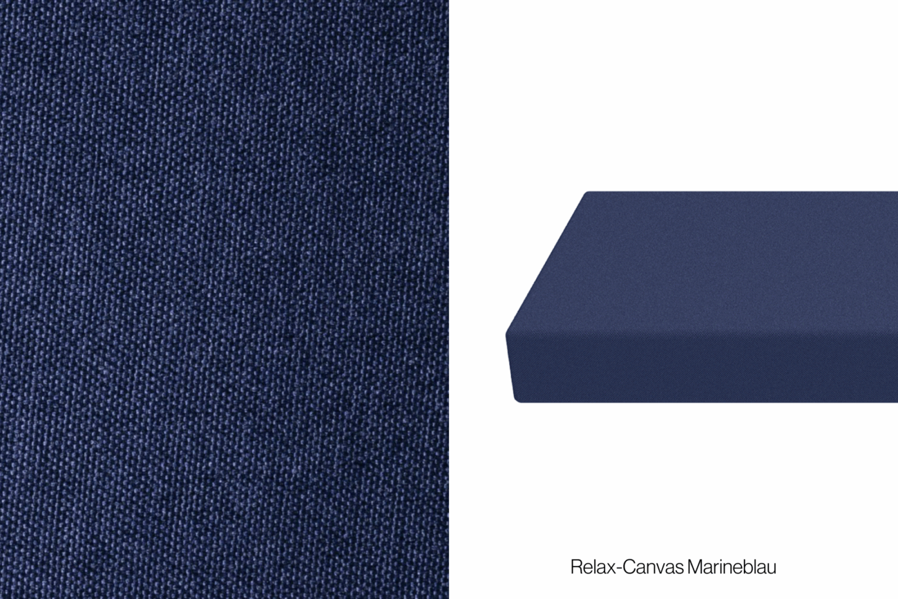 Nahaufnahme eines dunkelblauen, gewebten Stoffs auf der linken Seite und eines dunkelblauen, rechteckigen Kissens oder einer Matratze auf der rechten Seite; in der rechten unteren Ecke ist Relax-Canvas Marineblau beschriftet.