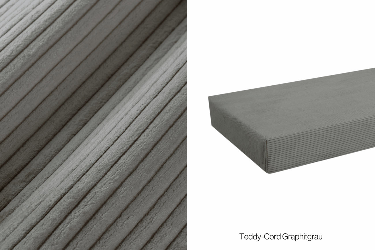 Nahaufnahme eines grauen Cordstoffs mit vertikalen Rillen auf der linken Seite; auf der rechten Seite ist ein Spannbetttuch aus demselben Stoff und in derselben Farbe mit der Aufschrift Teddy-Cord Graphitgrau auf weißem Hintergrund abgebildet.