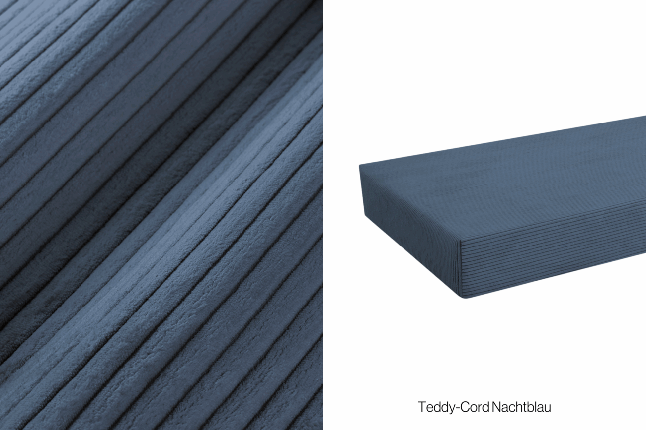 Nahaufnahme eines blauen gerippten Kordstoffs auf der linken Seite und eines Spannbettlakens aus demselben Stoff mit der Aufschrift Teddy-Cord Nachtblau auf weißem Hintergrund auf der rechten Seite.