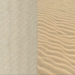 Gegenüberstellung der Textur von beigem Stoff auf der linken Seite und gewelltem, geriffeltem Sand auf der rechten Seite, beide mit ähnlichen hellen Farbtönen, aber unterschiedlichen Oberflächenmustern.