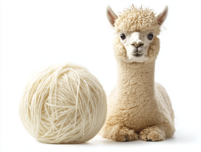 Ein flauschiges cremefarbenes Alpaka sitzt neben einem großen Knäuel passender Alpakawolle, beide vor einem makellosen weißen Hintergrund.